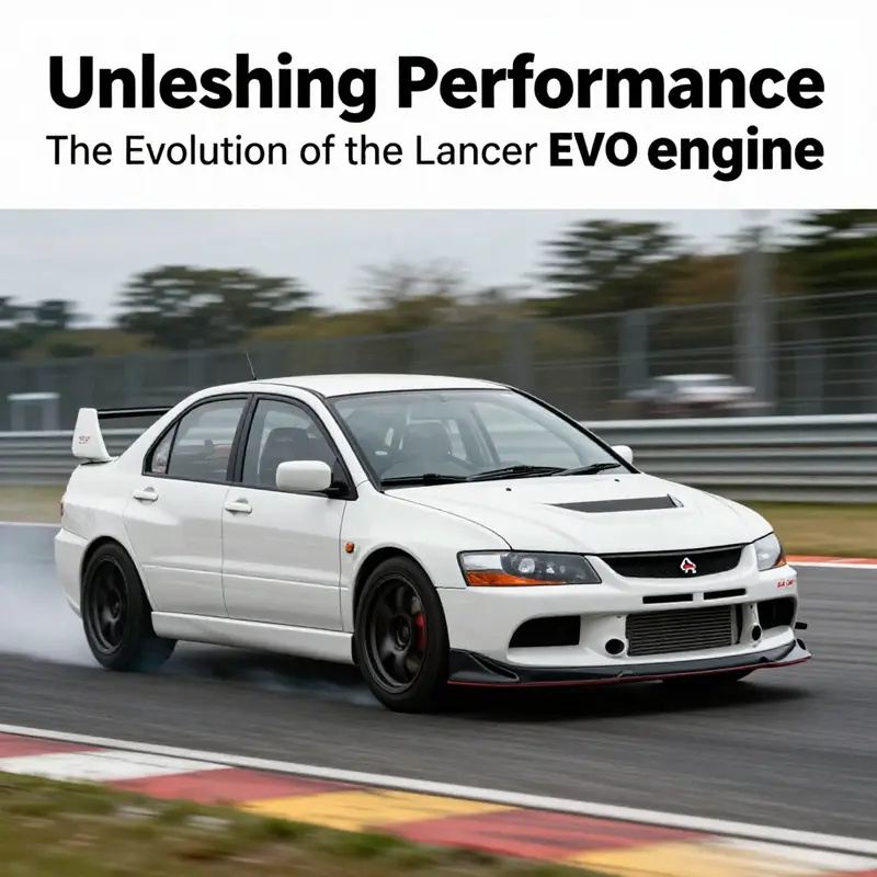 Lancer EVO on a race track, highlighting its performance capabilities and engineering heritage.