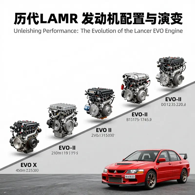 A visual timeline representing the evolution of the Lancer EVO engines through its various generations.