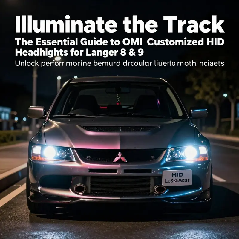 Mitsubishi Lancer Evo 8 at night with its OEM HID headlights on, illustrating high-performance driving and visibility.
