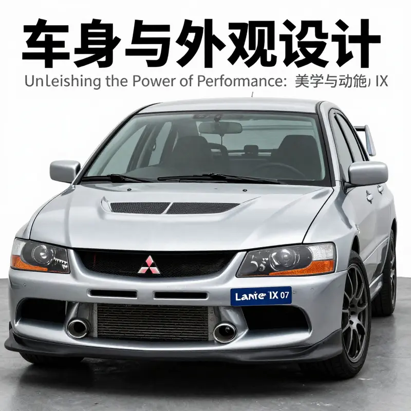 The Mitsubishi Lancer EVO IX showcases its powerful 2.0L turbocharged engine, emphasizing its performance capabilities.