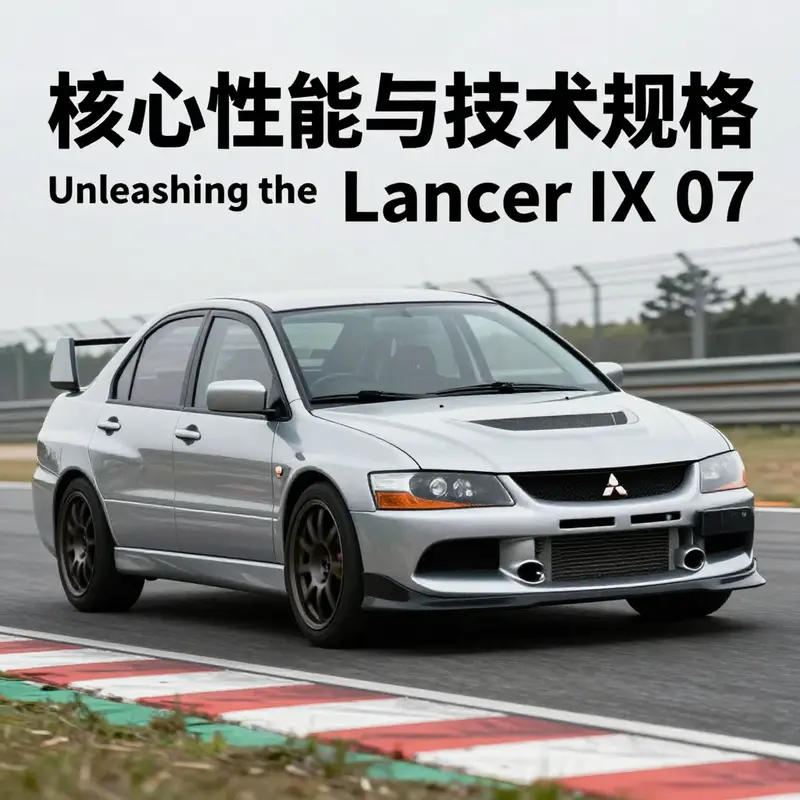 The Mitsubishi Lancer EVO IX showcases its powerful 2.0L turbocharged engine, emphasizing its performance capabilities.