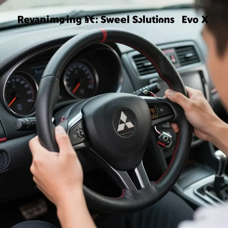 Installation of a Mitsubishi Lancer Evo X steering wheel with an airbag module in progress.