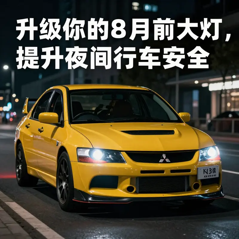 三菱Lancer Evolution 8展示于夜晚城市景观,前大灯发出明亮的光束.