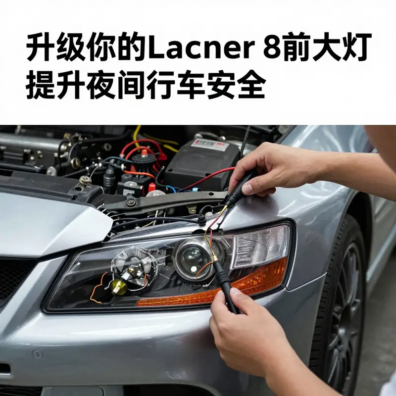 夜间行驶中的三菱Lancer Evolution 8,展现卤素前大灯的功能性.