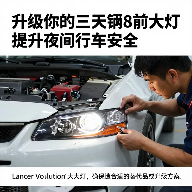 夜间行驶中的三菱Lancer Evolution 8,展现卤素前大灯的功能性.