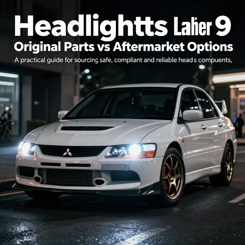Mitsubishi Lancer Evo IX with bright headlights illuminating a nighttime street.