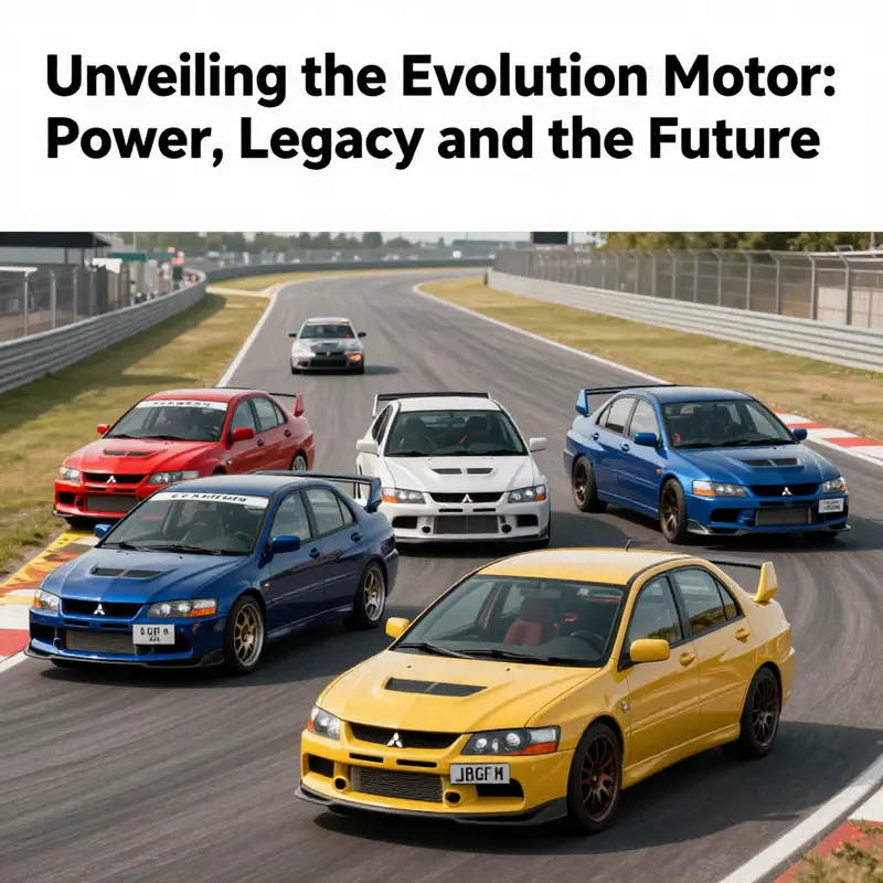An artistic representation of Mitsubishi Lancer Evolution vehicles racing on a track, symbolizing performance and heritage.