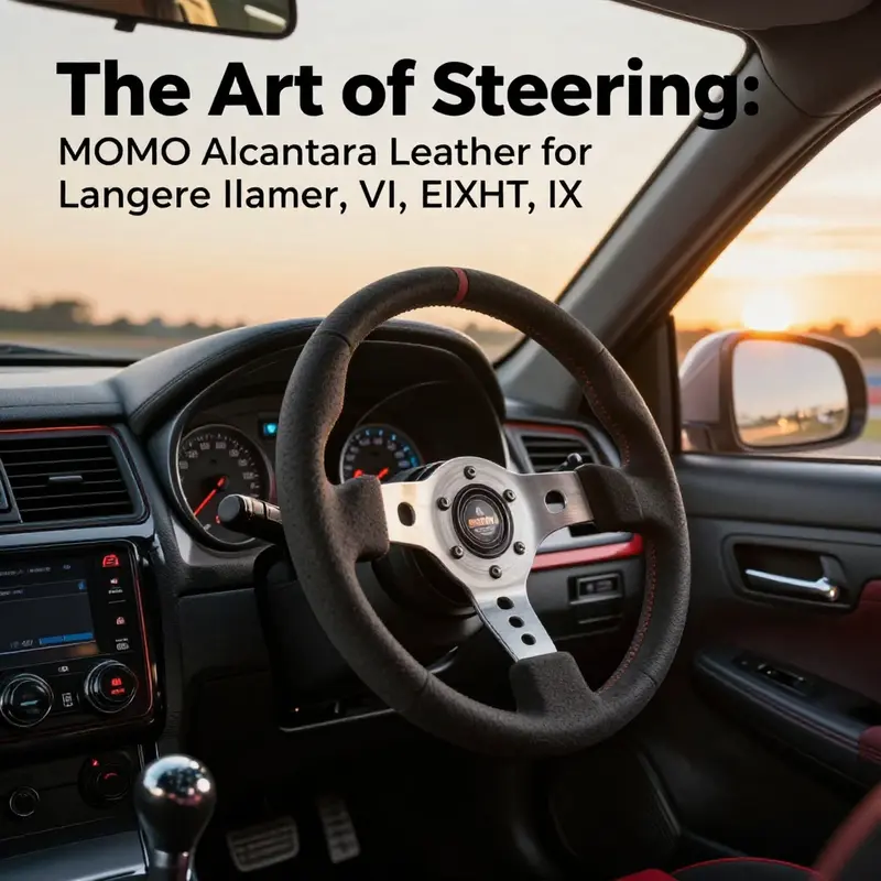 Mitsubishi Lancer Evolution racing on a track, depicting its speed and interior styling featuring a MOMO Alcantara steering wheel.