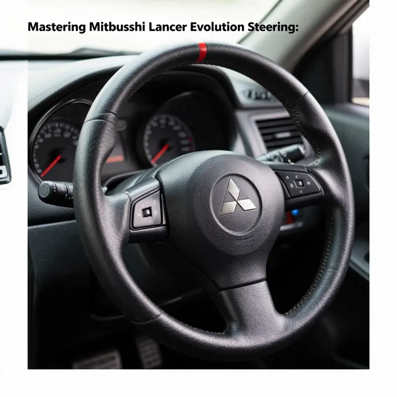 The original equipment steering wheel of the Mitsubishi Lancer Evolution, emphasizing its sporty design and functionality.
