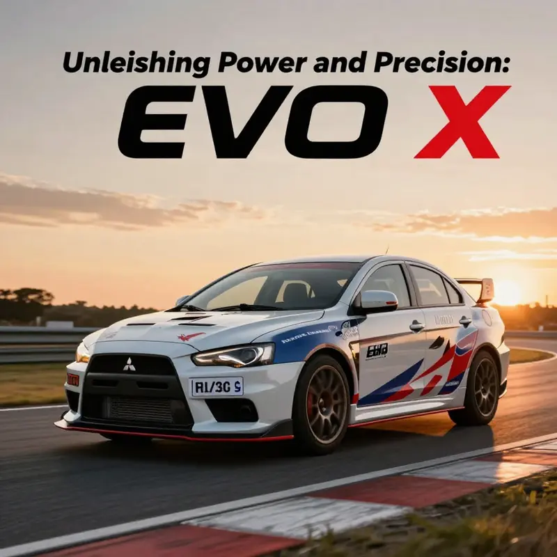 A Mitsubishi Lancer Evolution X racing on a track at sunset, highlighting its performance and design.