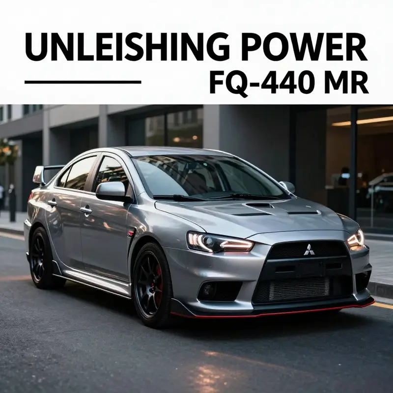 A Mitsubishi Lancer Evolution X FQ-440 MR parked in an urban setting, highlighting its unique design and performance character.