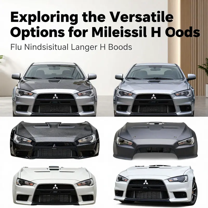 An assortment of Mitsubishi Lancer hoods made from different materials, showcasing the variety available in the automotive market.