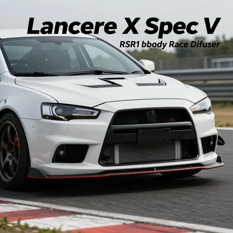 The Lancer Evo X Spec V demonstrating its aerodynamic design on a racetrack.