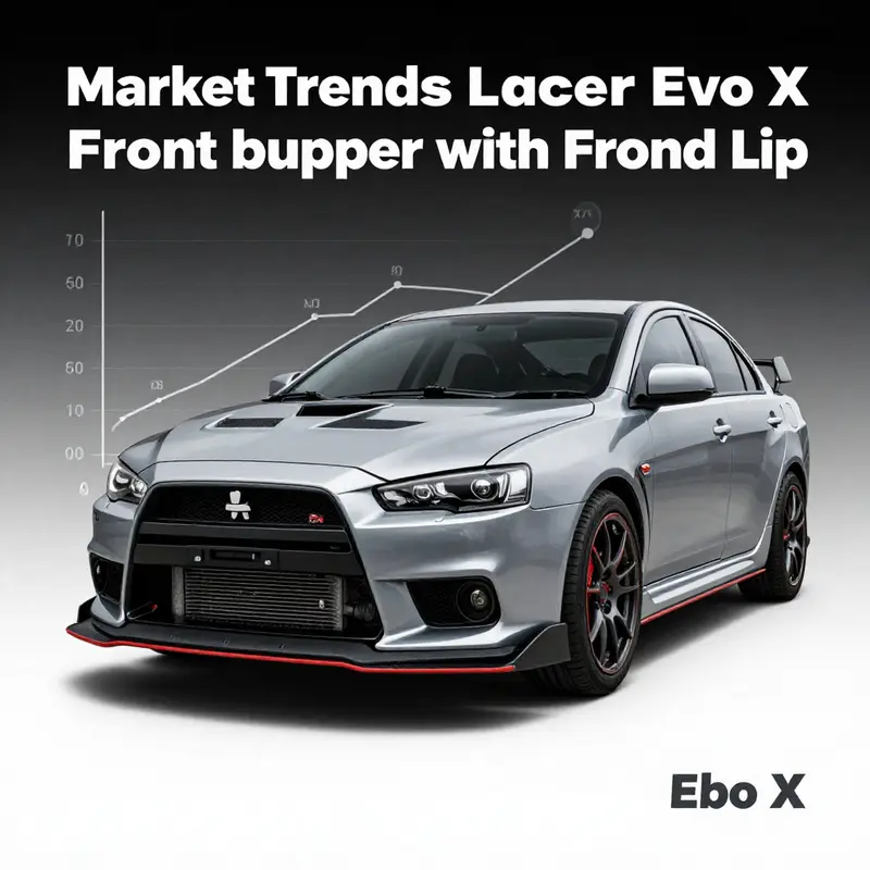 Detailed features of the original modified Lancer Evo X front bumper with front lip, showcasing its aggressive styling.