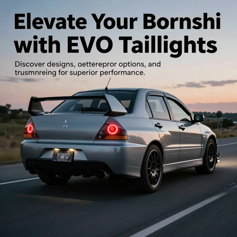 Mitsubishi Lancer Evolution with illuminated EVO taillights on a road at dusk.