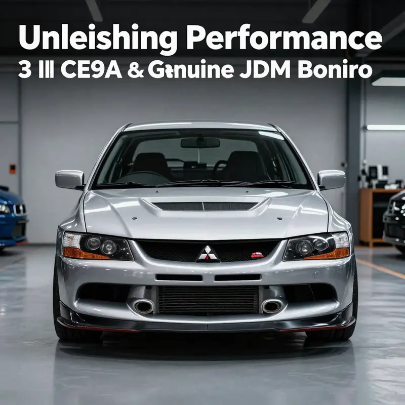 Visual representation of the Mitsubishi Lancer Evo 3 III CE9A featuring the original JDM Bonnet in a stylish garage.