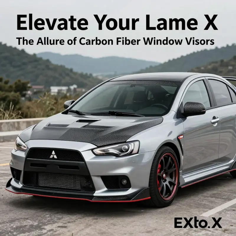 Mitsubishi Lancer EX Evo X presented with carbon fiber window visors in an attractive outdoor environment.