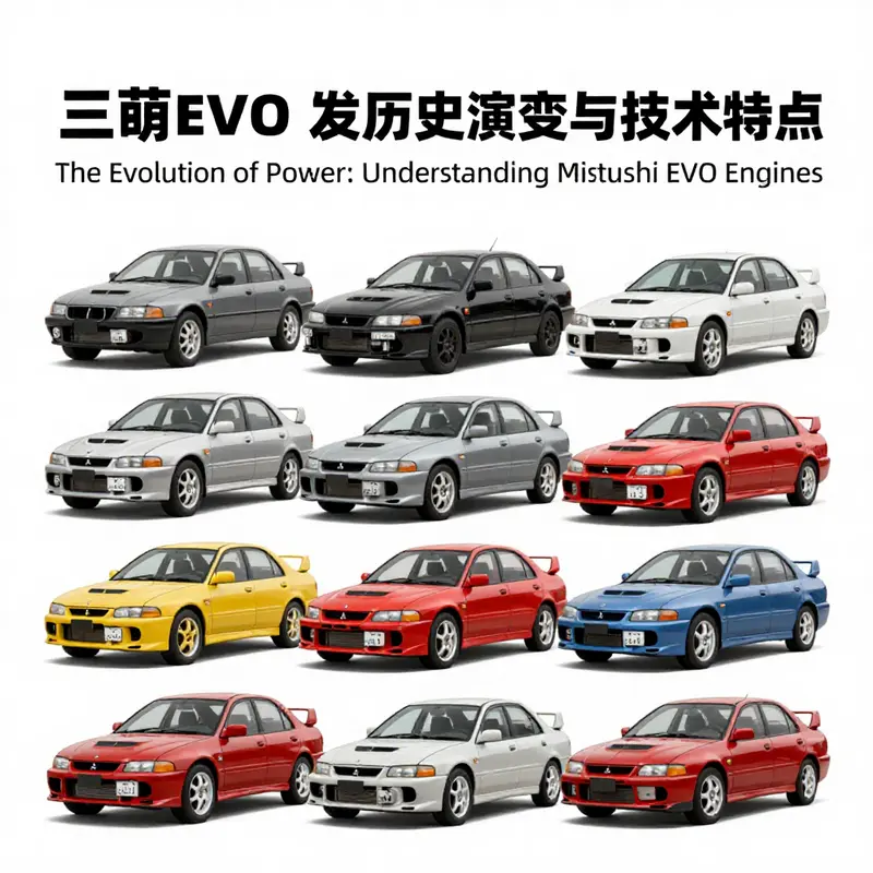 The evolution of Mitsubishi EVO engines through different generations, highlighting key design and technological advancements.