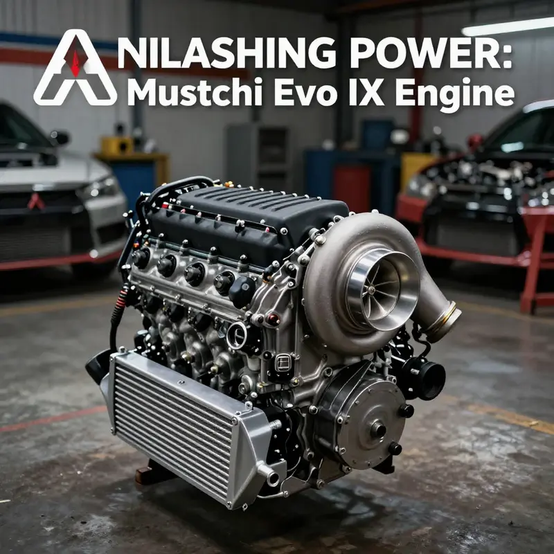 Illustration of the Mitsubishi Evo IX engine showcasing its robust turbocharger and performance parts.