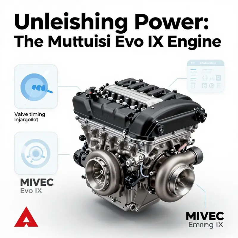 Illustration of the Mitsubishi Evo IX engine showcasing its robust turbocharger and performance parts.