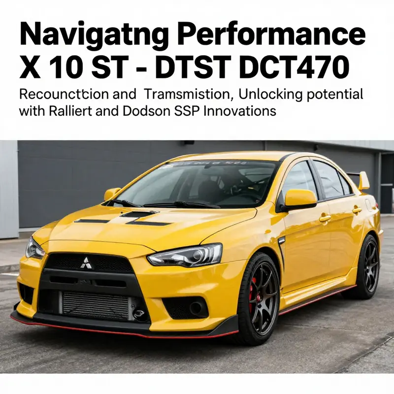 Mitsubishi Evo X vehicle emphasizing its advanced features and DCT470 gearbox in a captivating racing environment.
