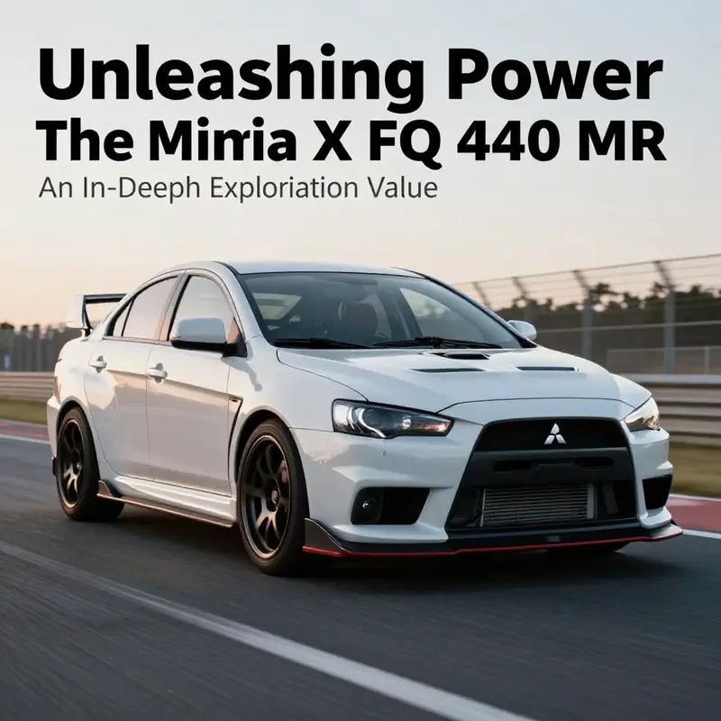 A Mitsubishi Evo X FQ 440 MR against a racetrack backdrop, emphasizing its high-performance design.