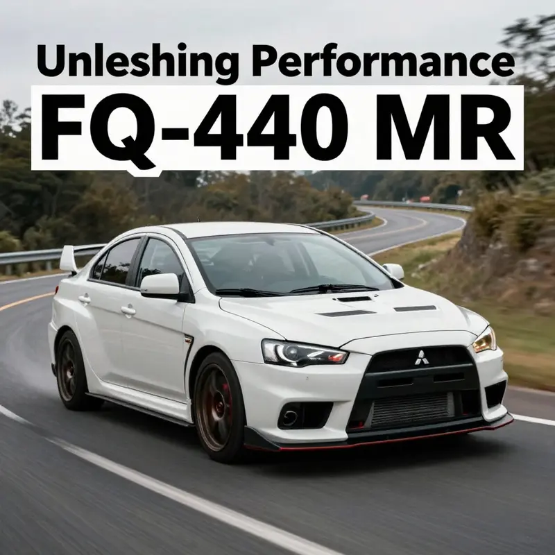 Mitsubishi Evo X FQ-440 MR racing down a winding road, symbolizing its high-performance capabilities.