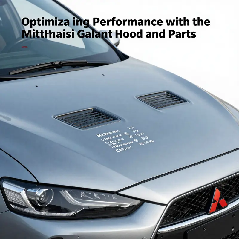 Detailed view of a Mitsubishi Galant hood illustrating its specifications and compatible models.