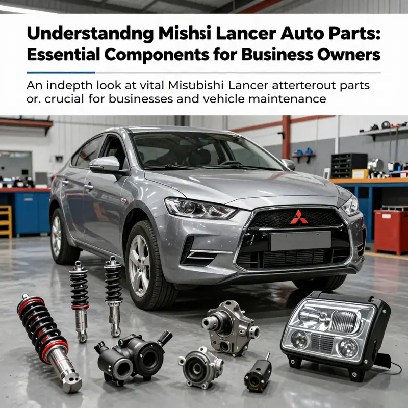 Diverse Mitsubishi Lancer auto parts displayed in a vibrant automotive workshop.