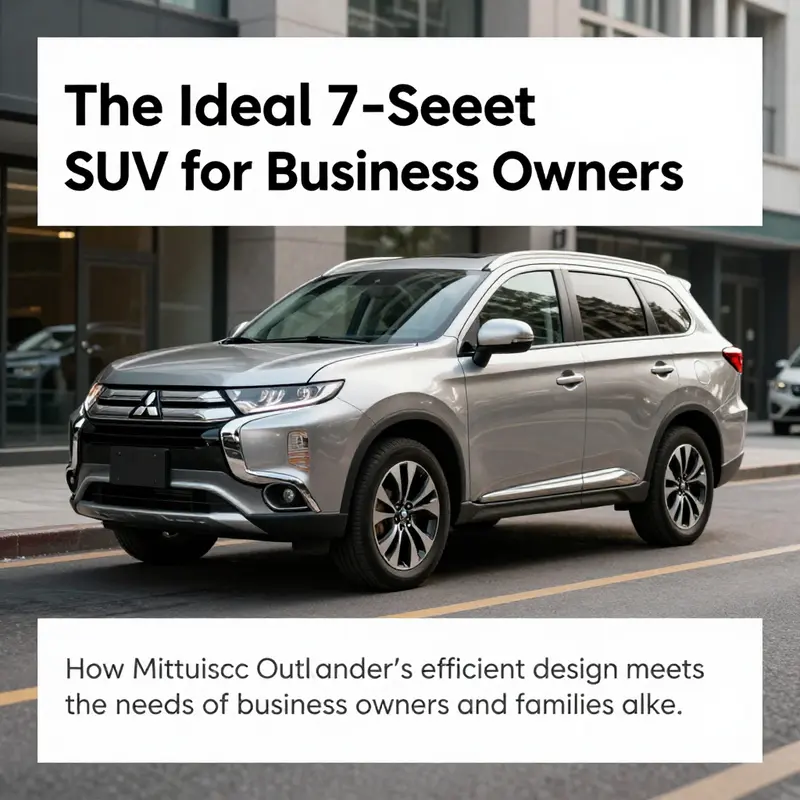 A Mitsubishi Outlander showcased in an urban environment, emphasizing its design and suitability for families and business owners.