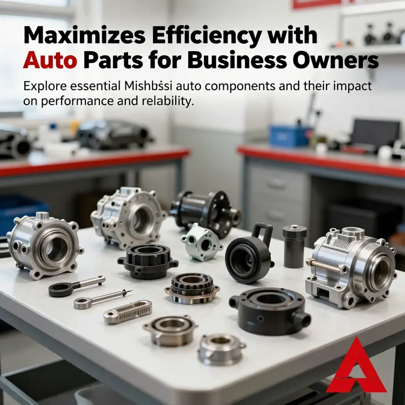 Various Mitsubishi auto parts displayed on a table, symbolizing importance in automotive business.