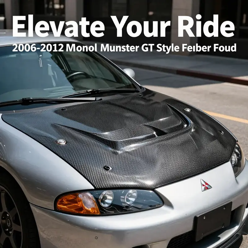 A Mitsubishi Eclipse showcasing the Monster GT Style Carbon Fiber Hood in a stylish urban environment.