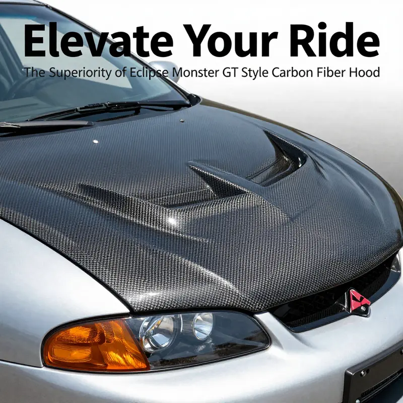 Highlighting the intricate design and premium quality of the Monster GT Style Carbon Fiber Hood.