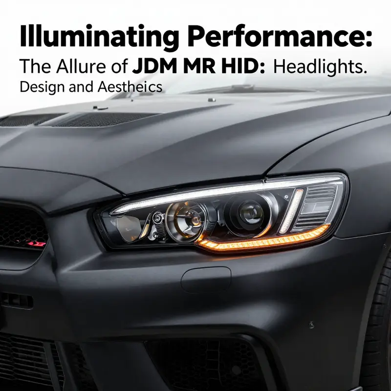 The design aesthetics of Mitsubishi OEM Evo 8 JDM MR HID headlights highlighting their sleek matte black finish and amber accents.