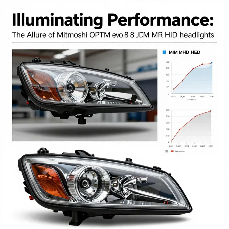 The design aesthetics of Mitsubishi OEM Evo 8 JDM MR HID headlights highlighting their sleek matte black finish and amber accents.