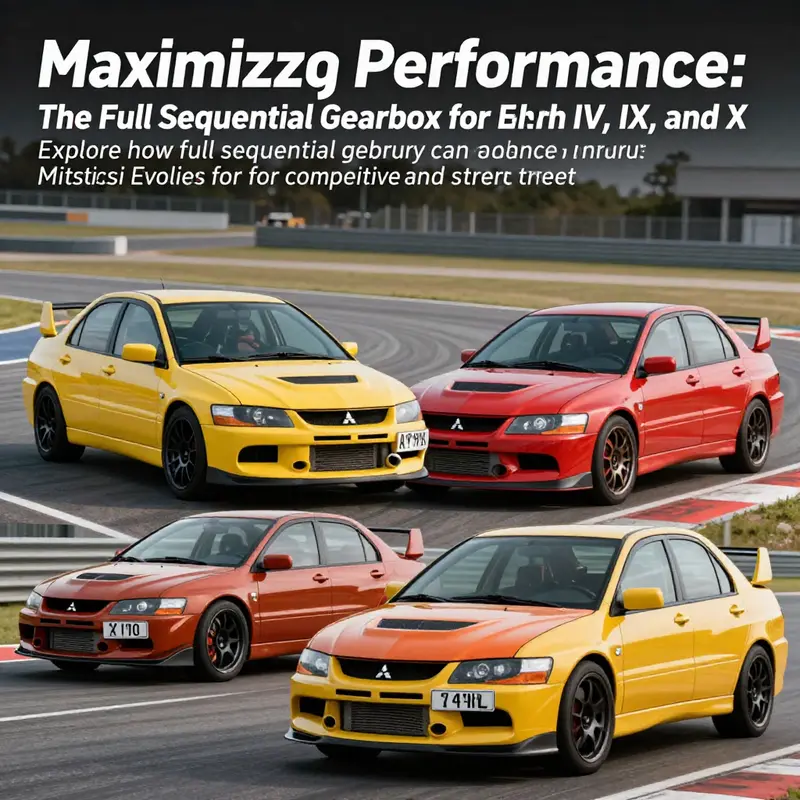Montage of Mitsubishi Evo IV, IX, and X showcasing their full sequential gearbox upgrades at a racetrack.