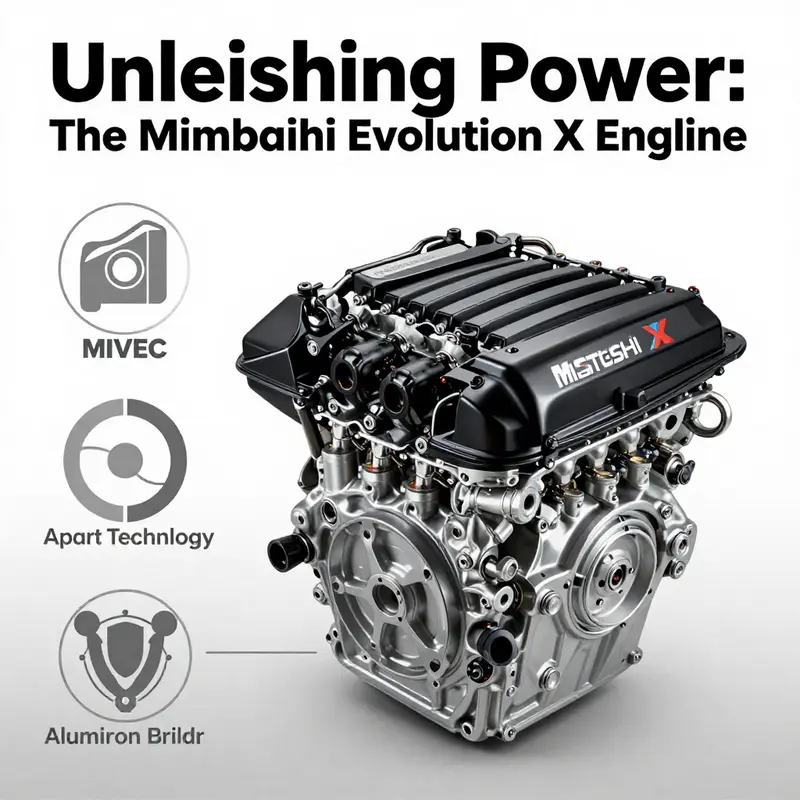 Detailed view of the Mitsubishi Evolution X engine showcasing its turbocharged components.