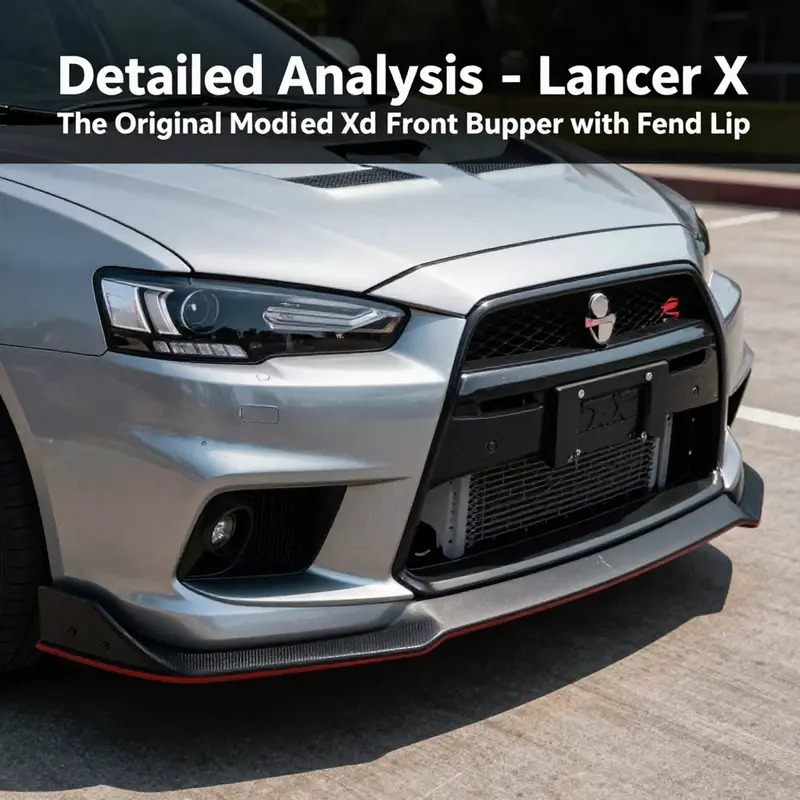 Detailed features of the original modified Lancer Evo X front bumper with front lip, showcasing its aggressive styling.