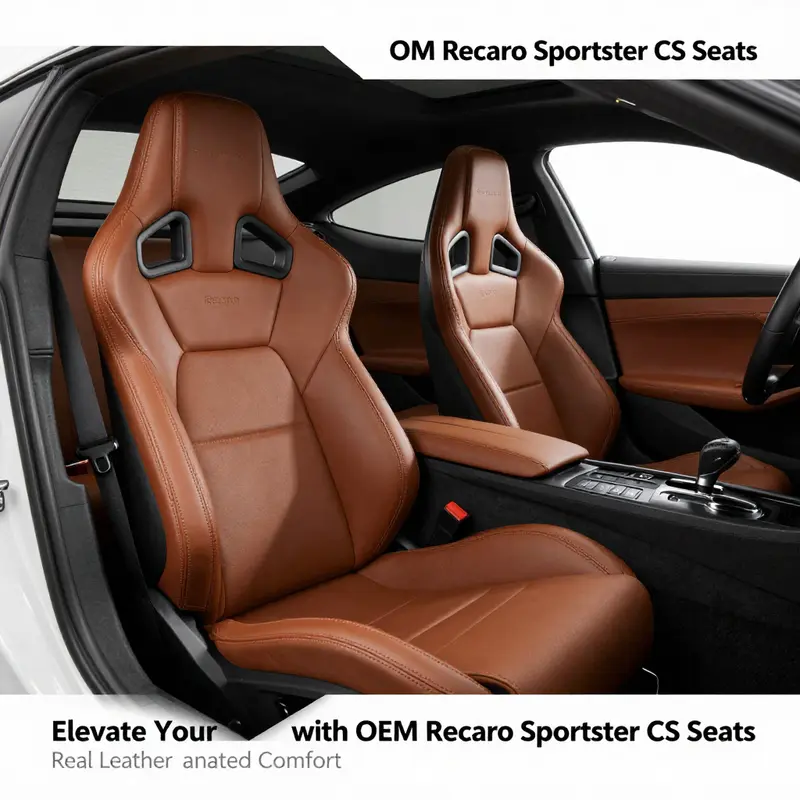 An overview of the premium features of OEM Recaro Sportster CS seats, emphasizing their leather finish and heating capabilities.