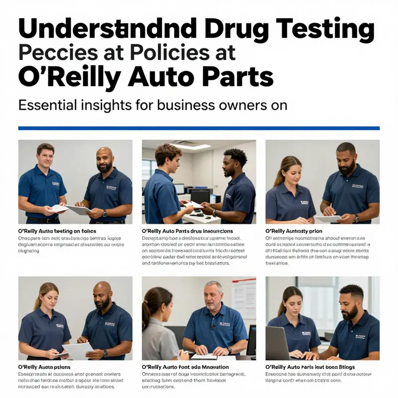 A collage depicting O'Reilly Auto Parts employees across various roles and their drug testing policies.