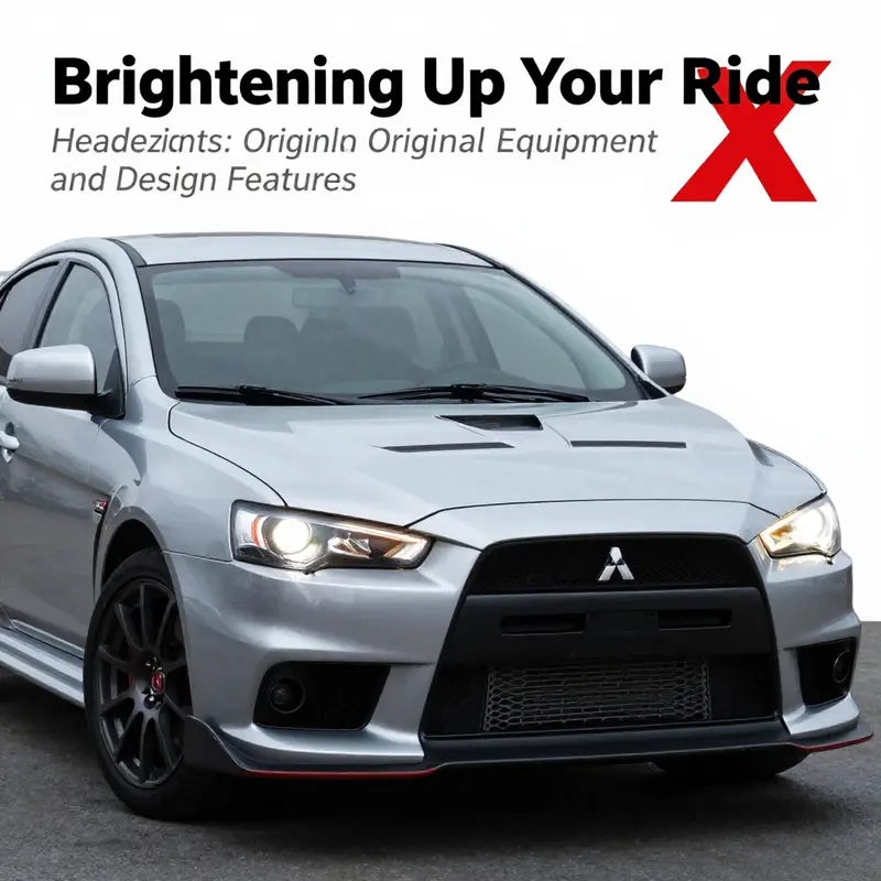 The original projector-style headlights of the Mitsubishi Lancer Evolution X, showcasing their aggressive design and high-performance HID bulbs.