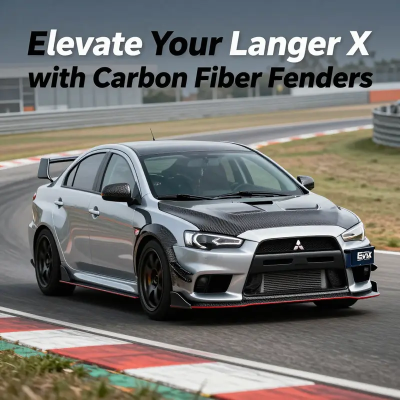 The Mitsubishi Evo X showcasing enhanced performance with carbon fiber fenders on a racetrack.