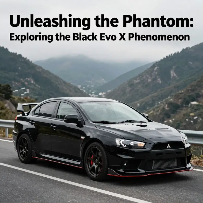 A Mitsubishi Evo X in Phantom Black color parked on a scenic mountain road, highlighting its sleek and powerful design.