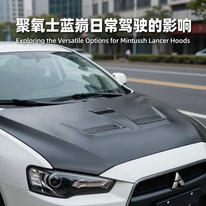 A Mitsubishi Lancer equipped with a lightweight carbon fiber engine hood, highlighting its performance benefits.