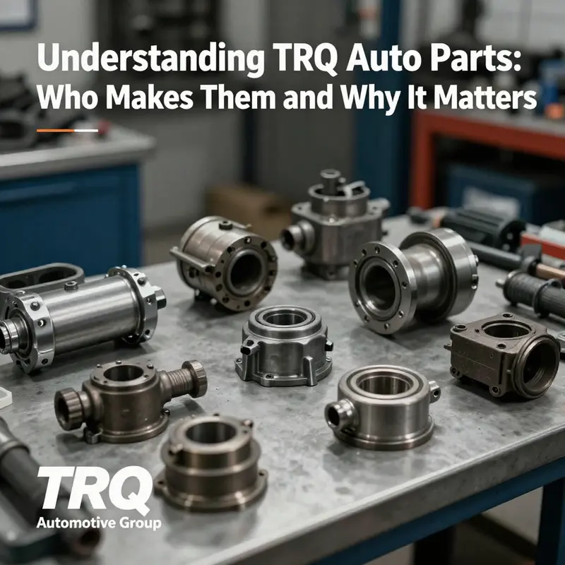 A collection of TRQ auto parts displayed on a workbench, emphasizing their readiness for automotive applications.
