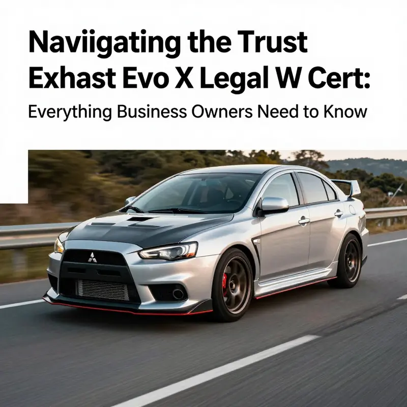 A Mitsubishi Lancer Evolution X racing along a road, representing the aftermarket enhancement journey with Trust Exhaust components.