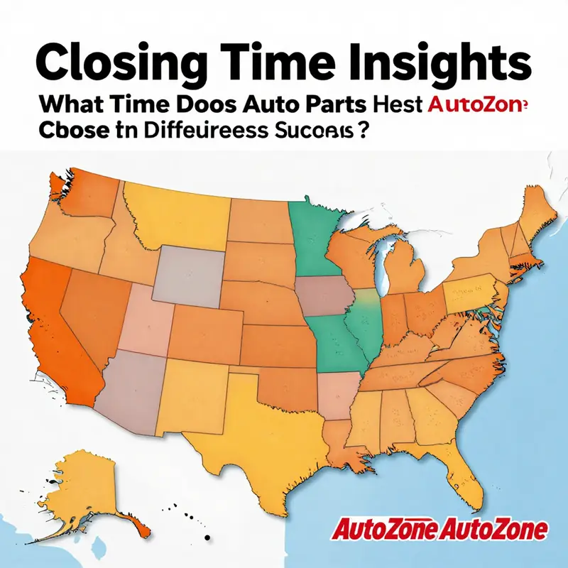 Illustration of AutoZone store fronts across various states highlighting their unique closing times.
