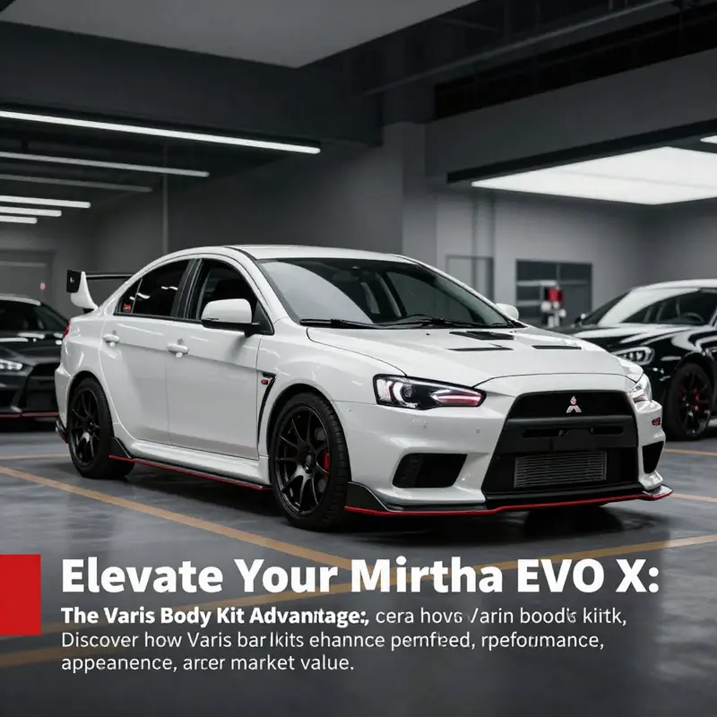 Mitsubishi EVO X featuring a Varis body kit, displayed outside a contemporary automotive shop.