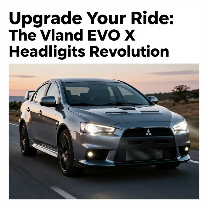 Mitsubishi Lancer EVO X with Vland headlights illuminating a road at dusk.