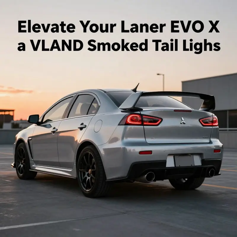 A Mitsubishi Lancer Evo X showing off VLAND smoked tail lights in an urban setting during sunset, illustrating the car's sporty elegance.